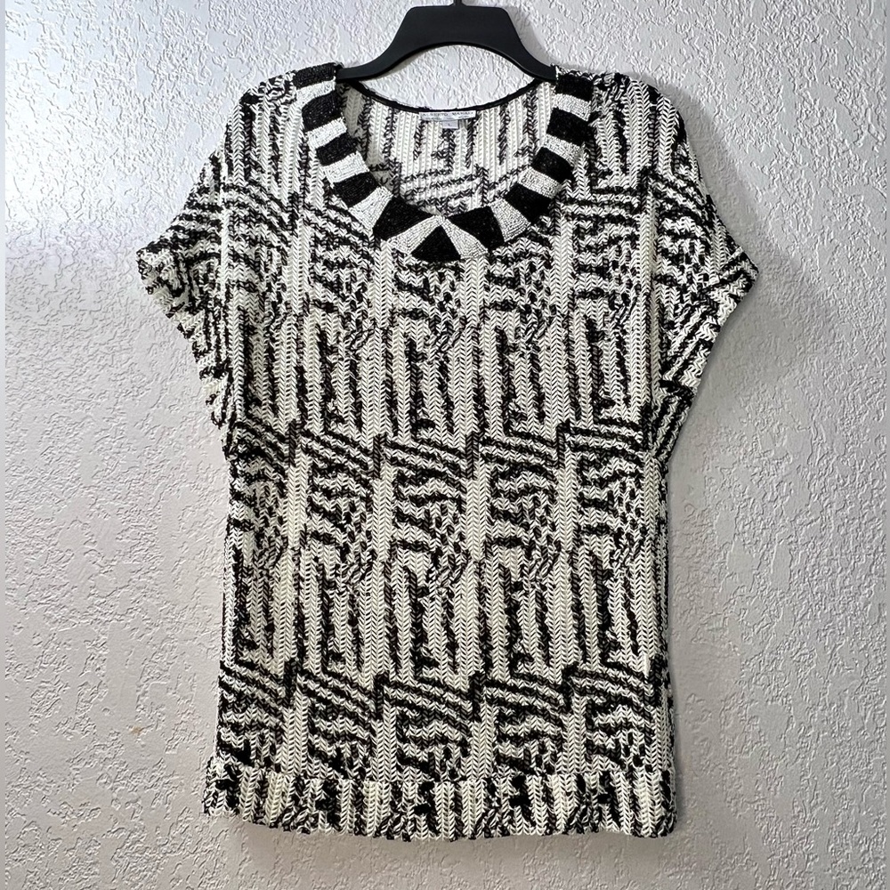 Alberto Makali Black White Beaded Classic Sheer Ethnic Short sleeve Blouse Tops